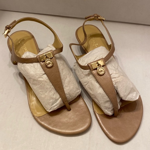 Michael Kors Shoes - MICHAEL KORS Hamilton Nude Tan Patent Leather Thong T-Strap Wedge
Sandals, 7M